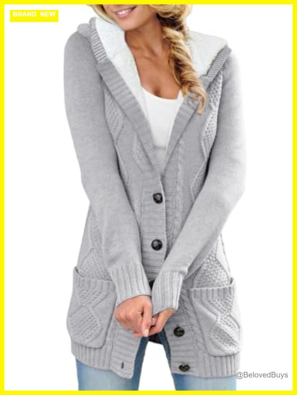 Cable Knit Fleece Lined Hooded Cardigan Sweater, Cozy Warm Winter